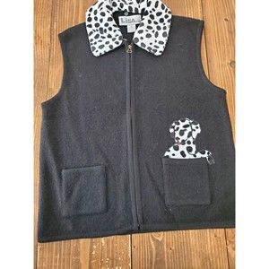 Lisa International Black Wool Dalmation Puppy Spotted Zipup Vest Size Large